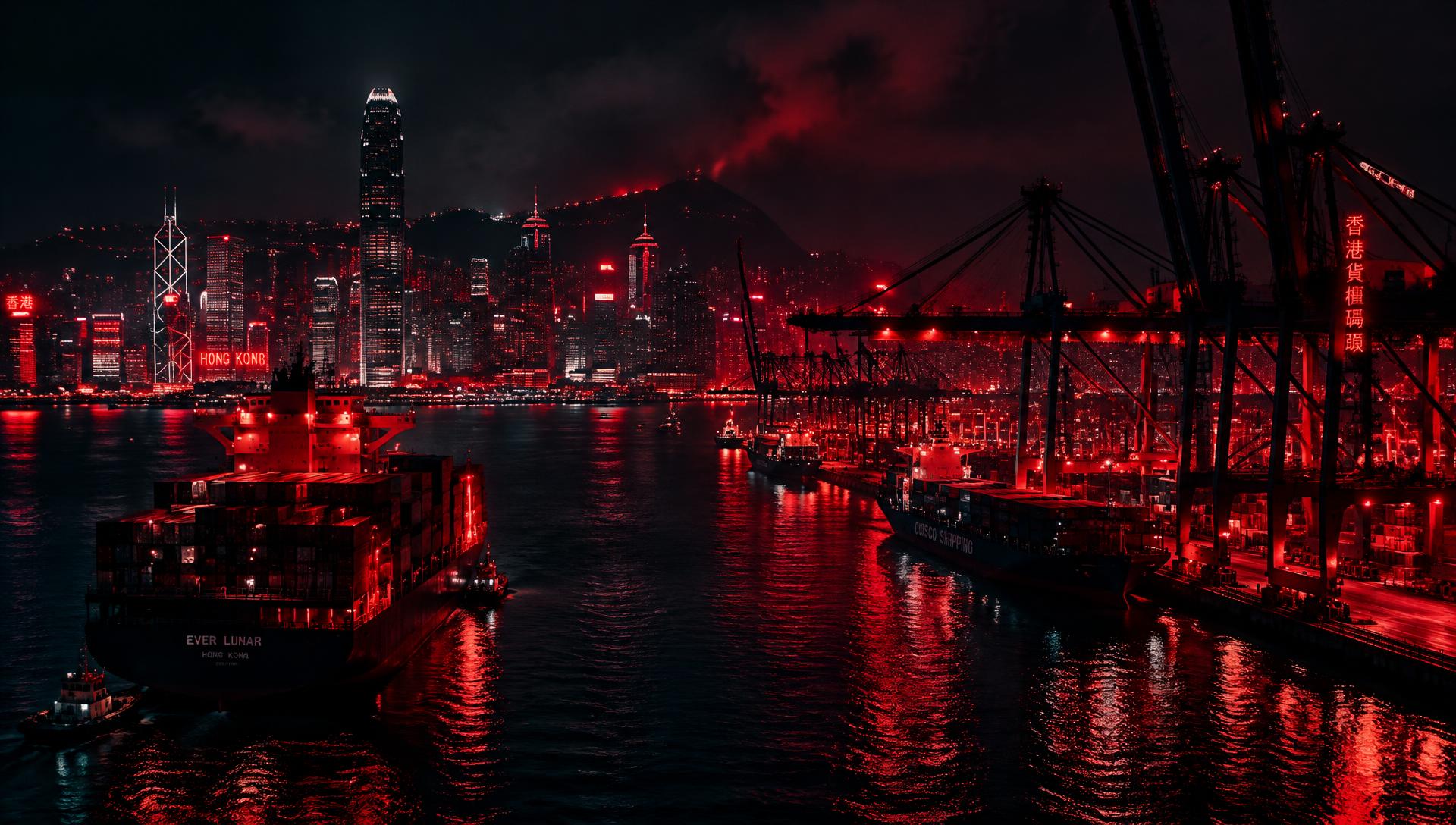Hong Kong harbour at night with container ships